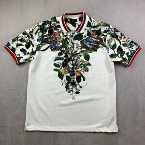Zara Mens Shirt Large White Green Floral Polo Snake Contrasting Trim Leaves